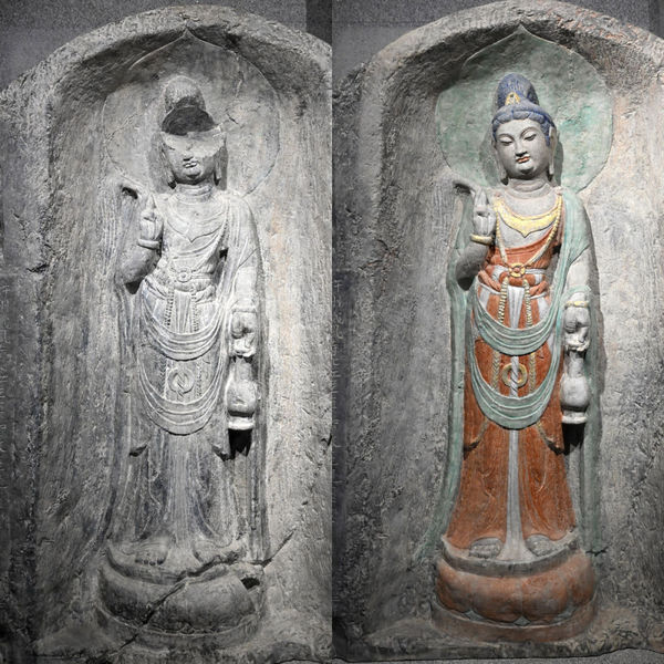 左图为龙门石窟万佛洞窟前南壁菩萨造像的3D打印模型；右图为利用数字化技术复原后的3D打印模型（2025年4月10日摄，拼版照片）。复原后的像龛精妙绝伦，栩栩如生，被游客誉为“龙门最美菩萨”。图片来源新华社