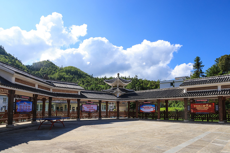 盛夏时节，记者走进镇宁自治县革帮村跳花坡，山顶，一座座高大挺拔的风力发电塔将蓝天、白云相连；山坡上，占地面积800余亩的生态茶园，村民正忙着采茶；山脚下，保留较为完好的苗族文化建筑遥相呼应，形成一幅美丽的生态乡村画卷。近年来，镇宁革帮村立足生态资源优势，抢抓政策机遇，以“风 茶 文旅”特色乡村旅游产业为基础，整合优势资源，延伸产业链，打好高质量发展的基础。（安顺日报社大数据智慧全媒体记者 陈婷）